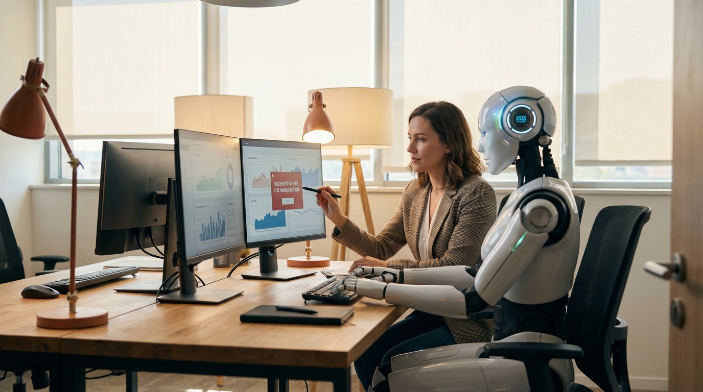 A human professional and AI system working side by side at a modern office workstation, with the human reviewing and approving decisions flagged by the AI on a dual-screen setup, representing the hybrid human-AI oversight model