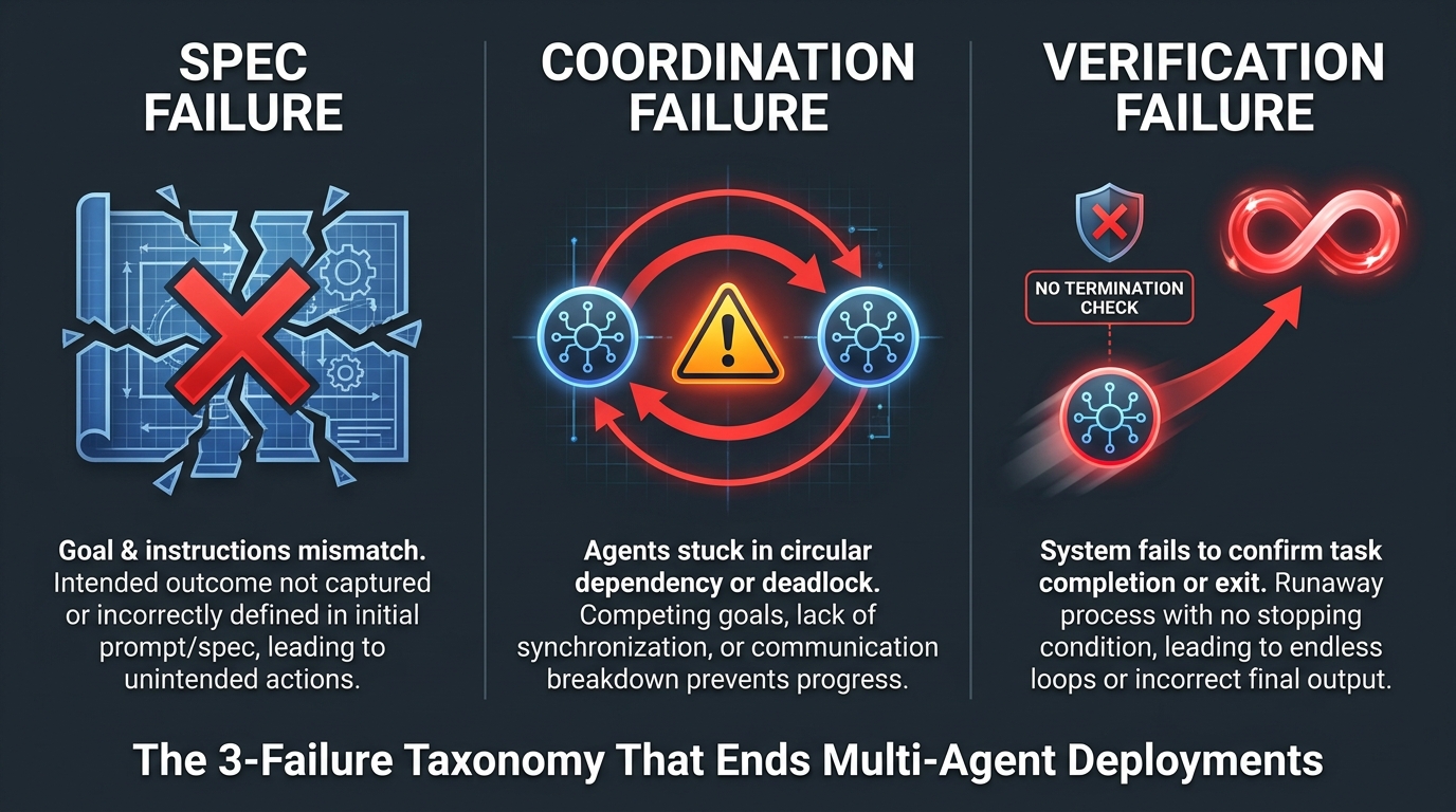 Infographic showing three types of multi-agent failures: specification failure, coordination failure, and verification failure