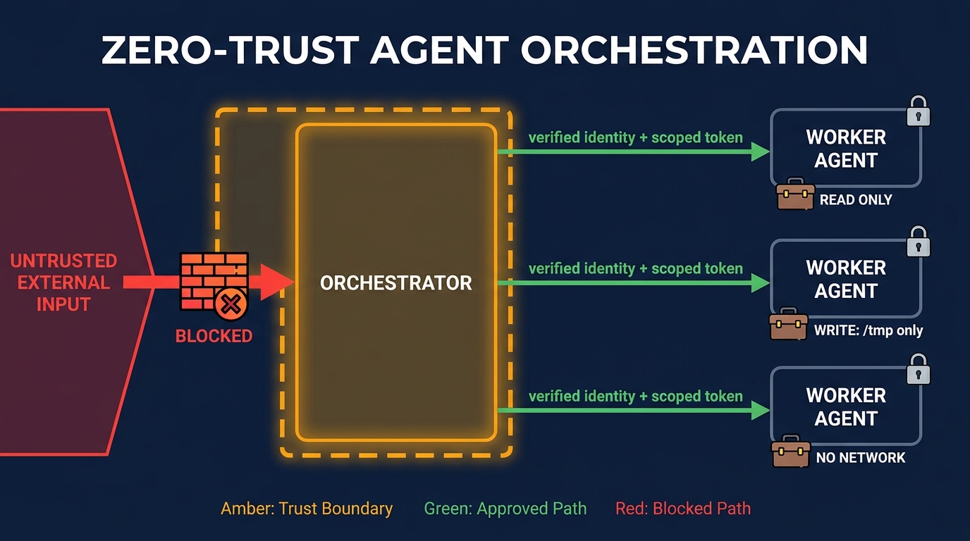 Zero-trust agent orchestration diagram showing verified identity tokens and scoped permissions at each agent boundary