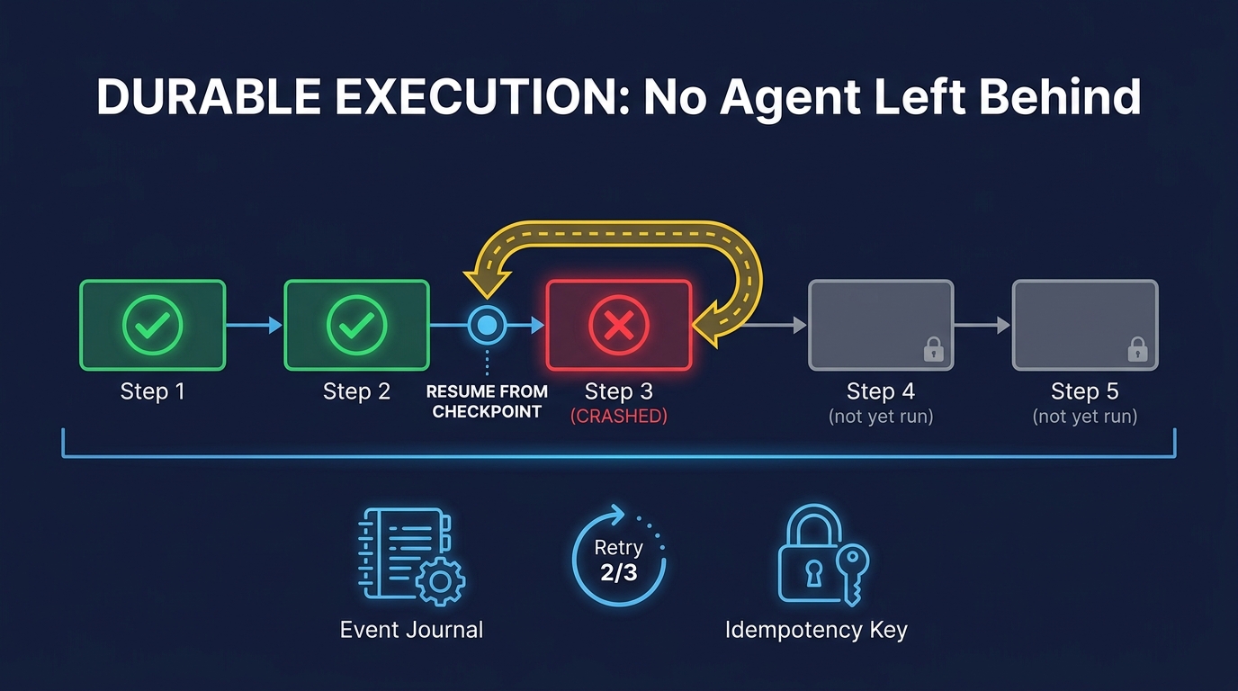 Durable execution checkpoint diagram showing agent workflow resuming from a saved checkpoint after a crash