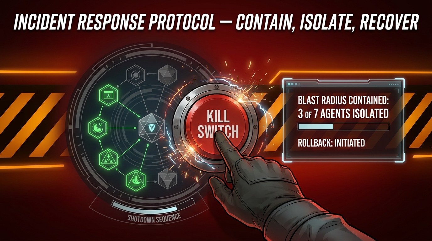 Emergency incident response for multi-agent AI showing kill switch activation and blast radius containment