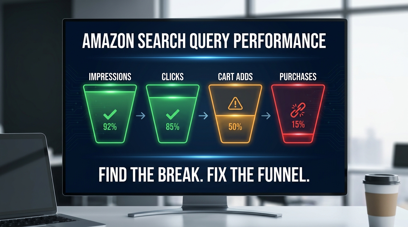 Amazon Search Query Performance funnel dashboard showing impressions, clicks, cart adds and purchases with break point indicators