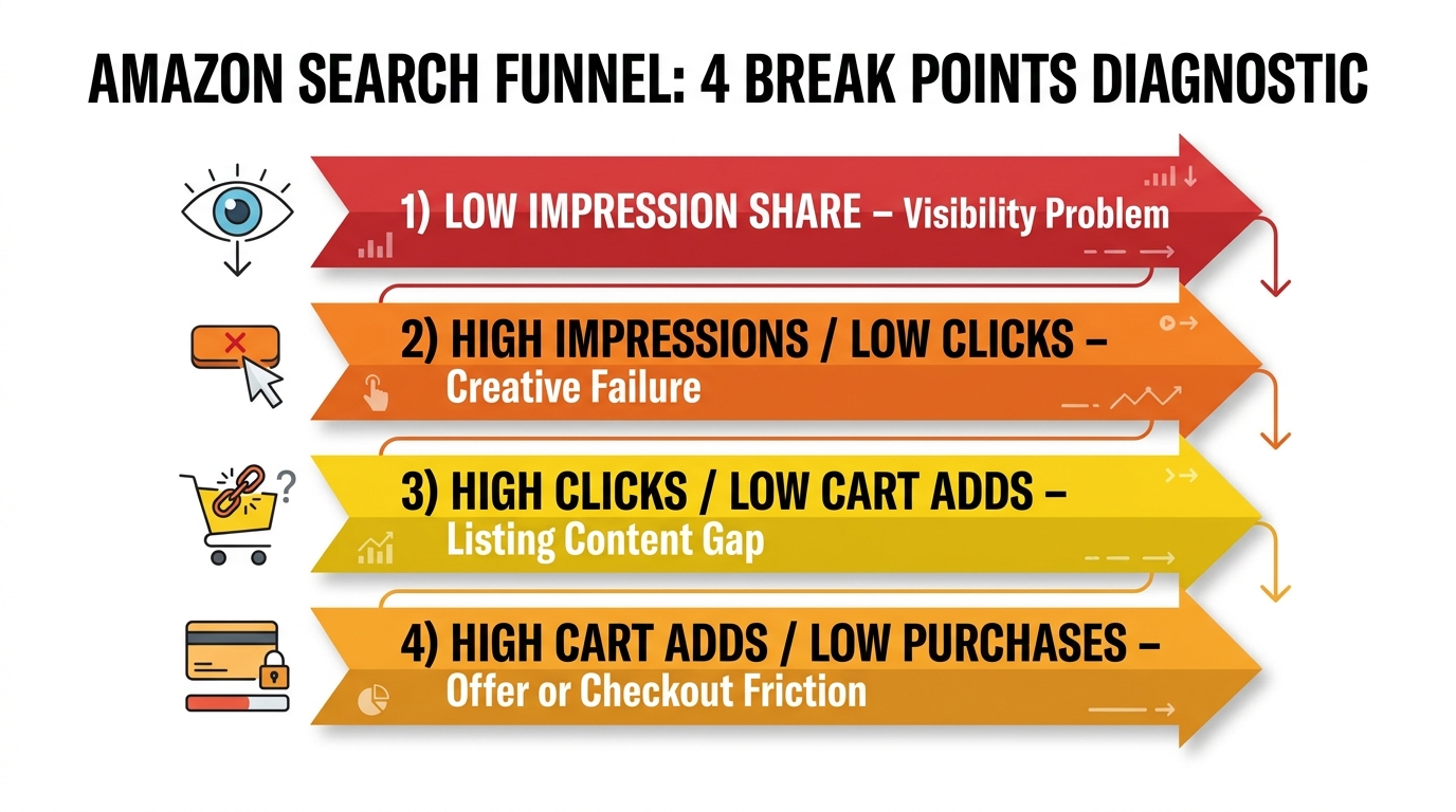 Four Amazon SQPR funnel break points: low impression share, high impressions/low clicks, high clicks/low cart adds, high cart adds/low purchases