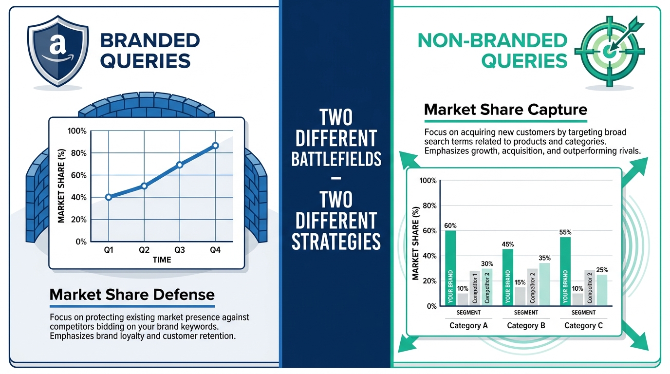 Branded vs non-branded Amazon search query strategy showing market share defense vs market share capture