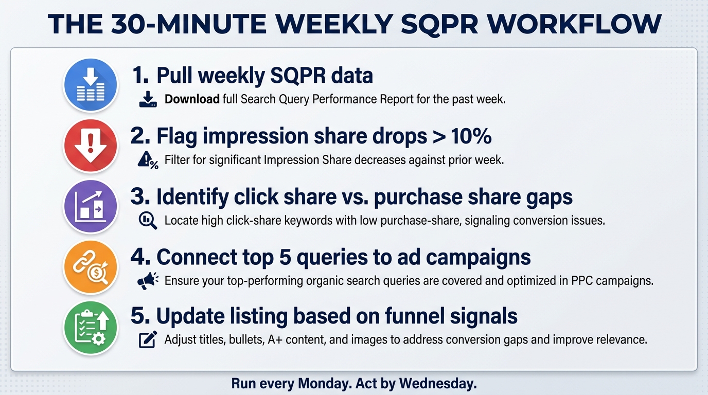 The 30-minute weekly Amazon SQPR workflow checklist showing five steps from data pull to listing updates