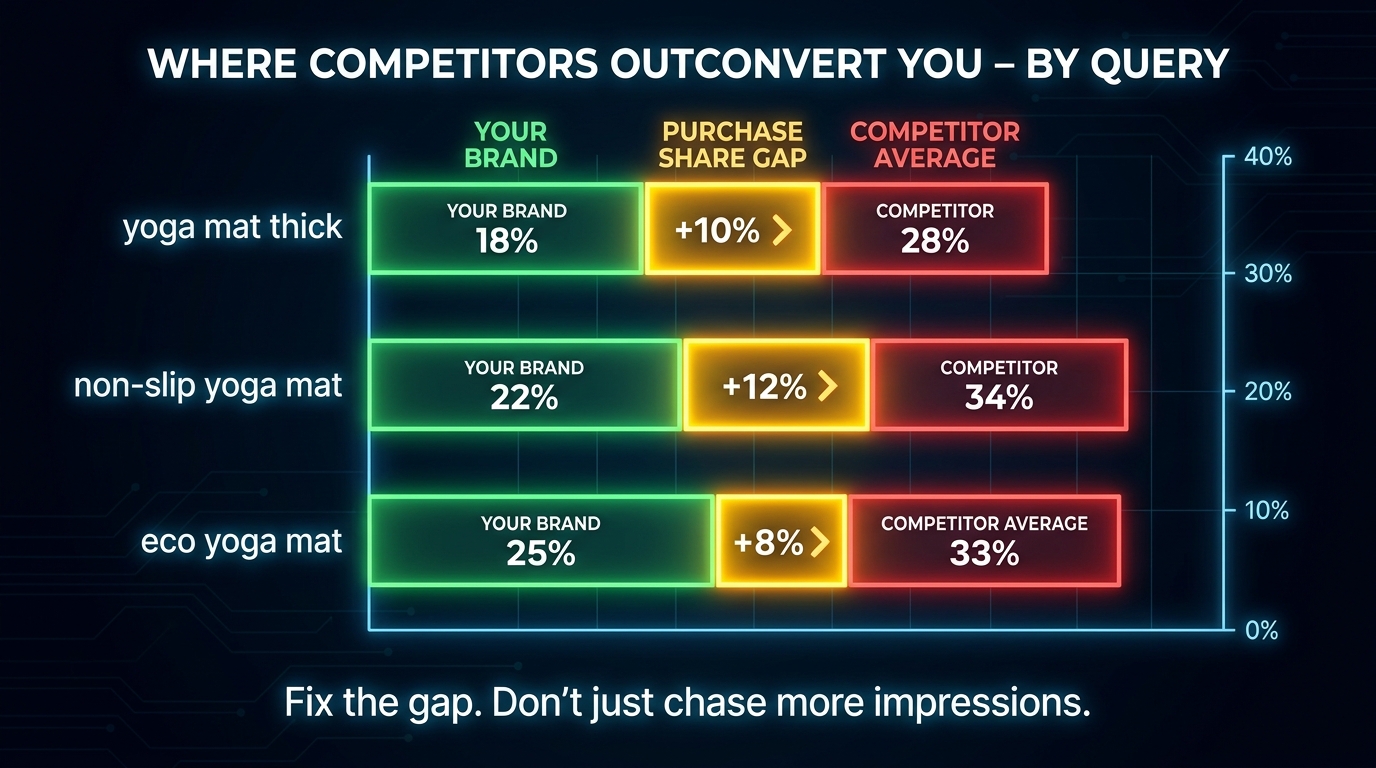 Amazon purchase share gap analysis showing brand vs competitor performance by search query