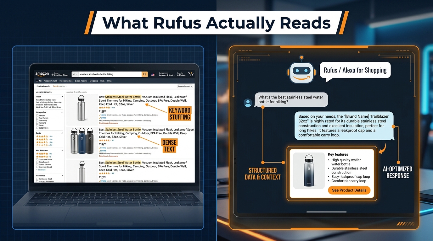 Amazon Rufus AI listing optimization — split screen showing keyword search versus conversational AI product discovery