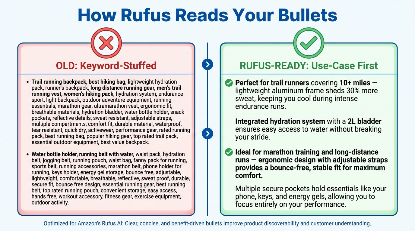 Side-by-side comparison of keyword-stuffed versus Rufus-ready bullet point structure for Amazon product listings