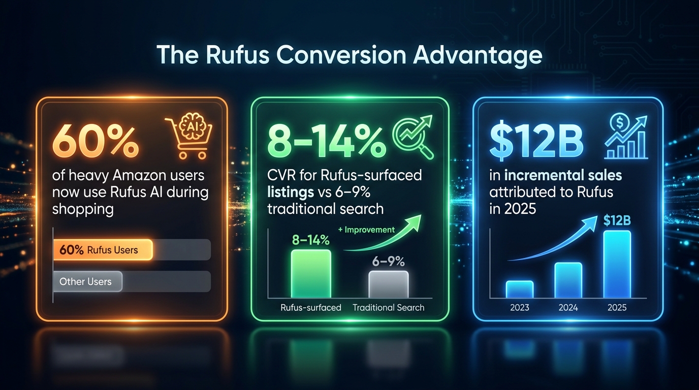 Data visualization showing Amazon Rufus conversion rate statistics — 8-14% CVR versus 6-9% for traditional search, and 60% of heavy users now using AI