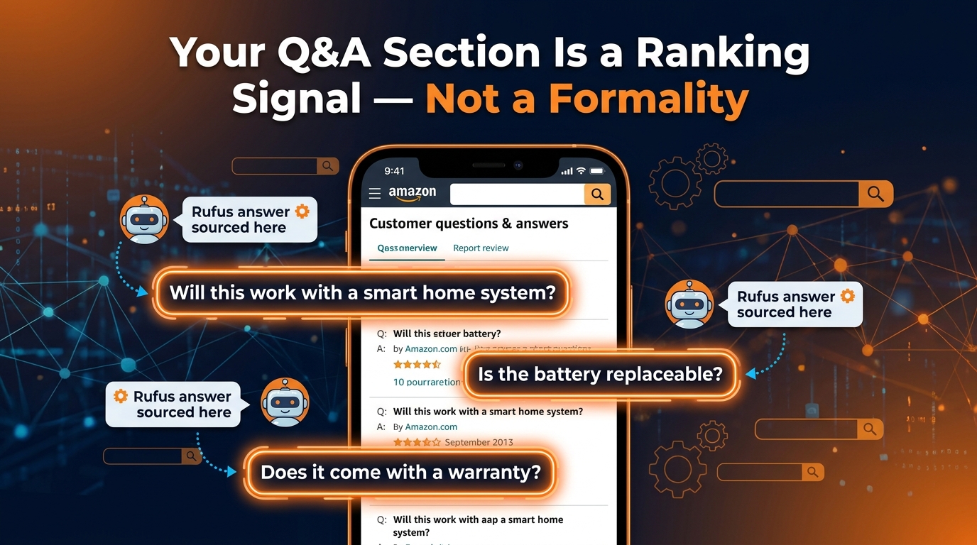 Amazon product Q&A section being read by AI with Rufus sourcing answers from seller-provided Q&A content