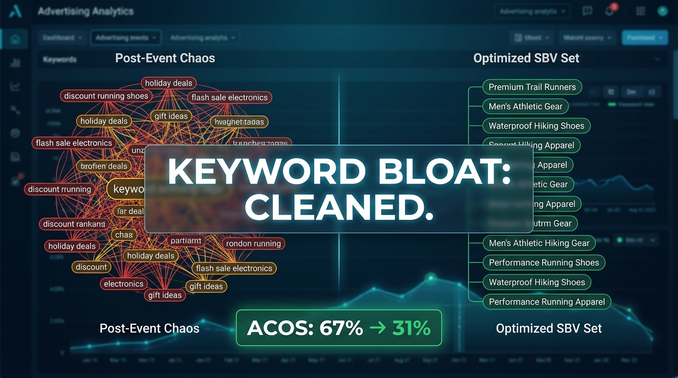 Amazon SBV keyword bloat cleanup dashboard showing chaotic post-event keyword list transformed into lean optimized set with ACOS improvement from 67% to 31%