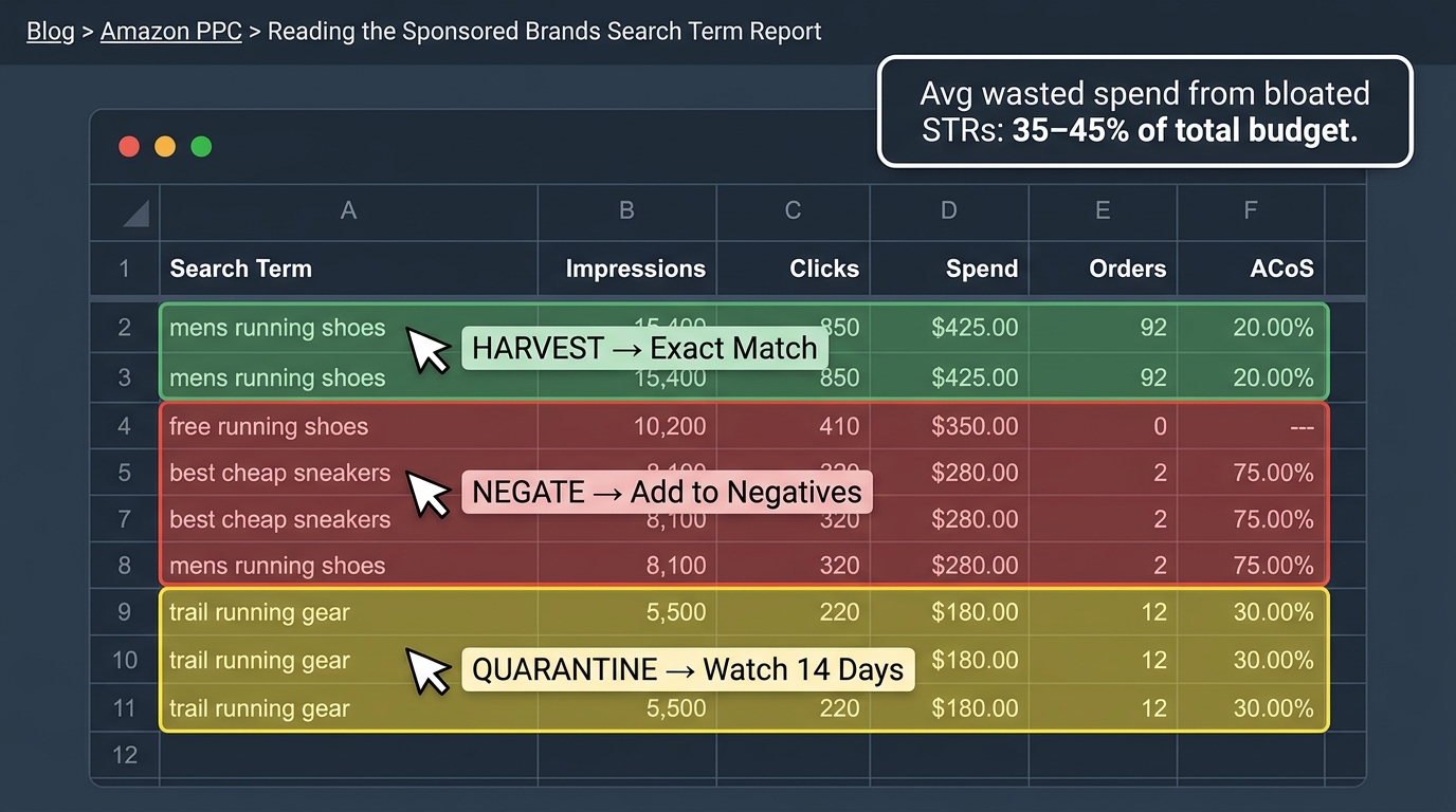 Amazon Sponsored Brands Search Term Report with color-coded rows showing which terms to harvest into exact match, negate, or place in 14-day quarantine