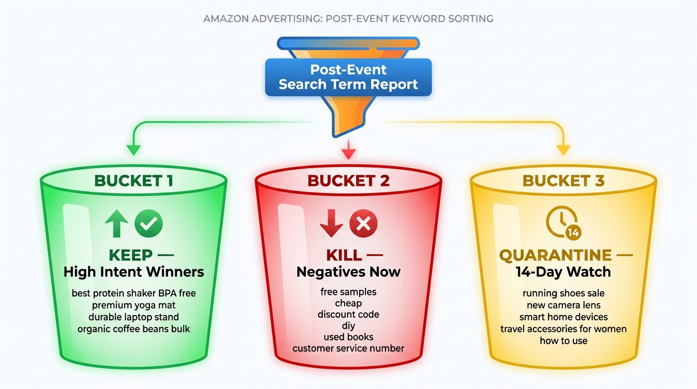 Three-bucket sorting system diagram for post-event Amazon SBV keyword cleanup showing Keep, Kill, and Quarantine categories with example keywords in each