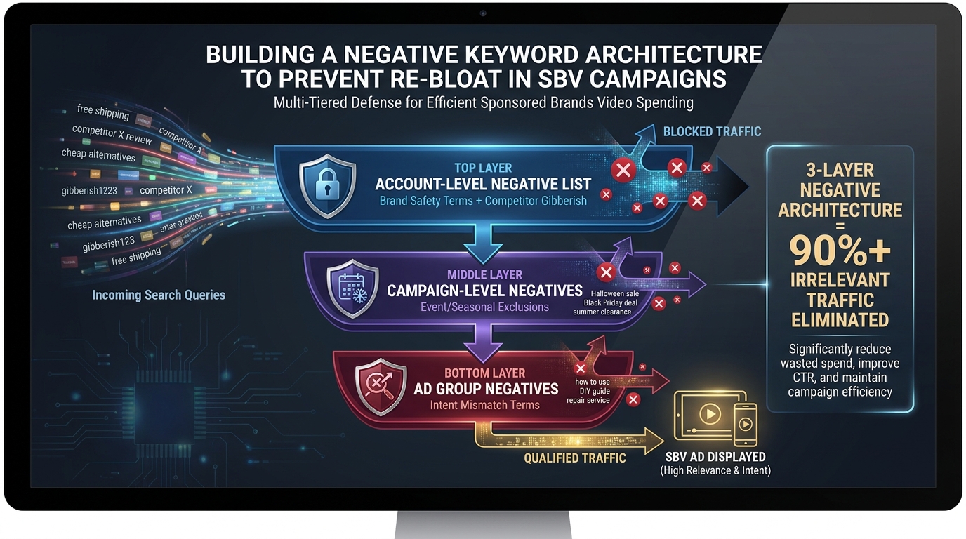 Three-layer negative keyword architecture diagram for Amazon SBV campaigns showing account-level, campaign-level, and ad group negatives as a defense system against keyword bloat