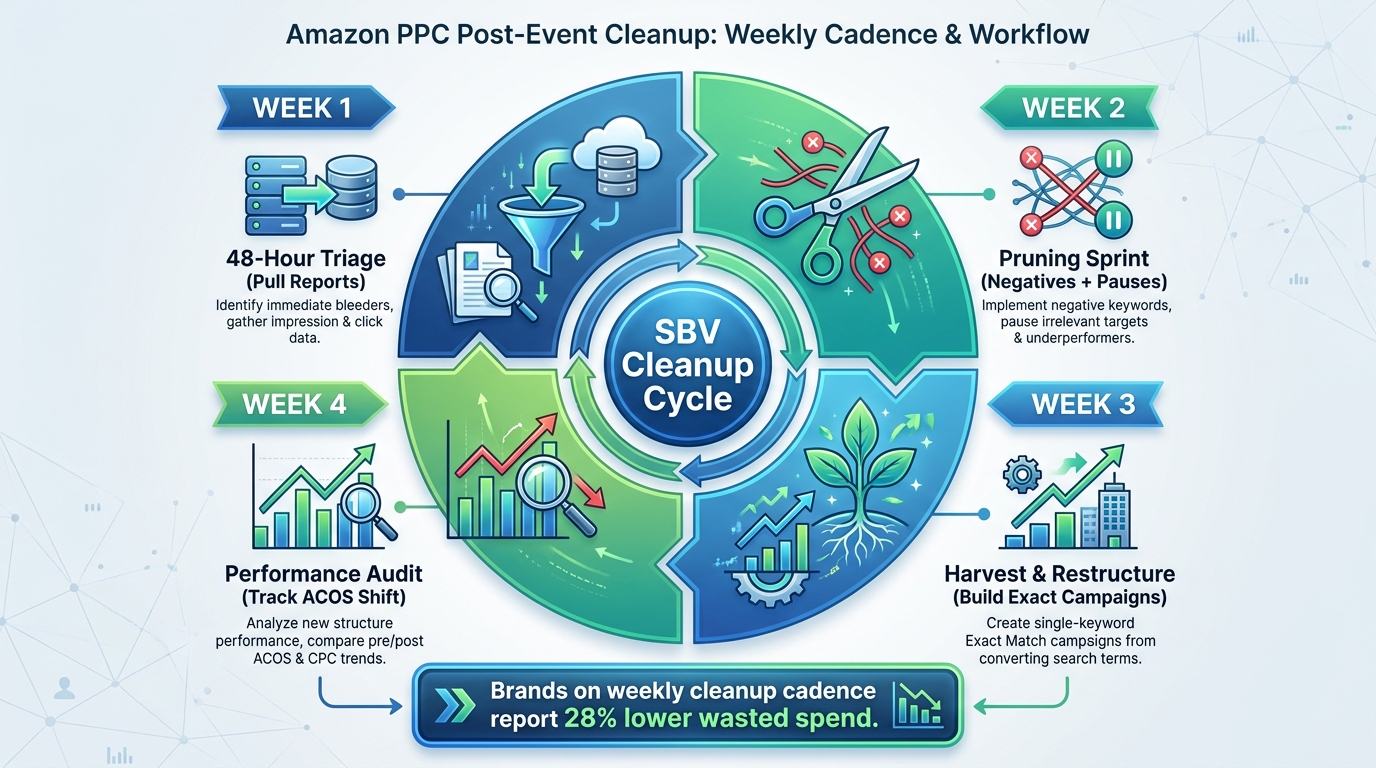 Circular weekly cleanup workflow diagram for Amazon SBV campaigns showing four phases: 48-hour triage, pruning sprint, harvest and restructure, and performance audit
