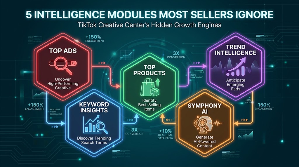 Five intelligence modules of TikTok Creative Center: Top Ads, Keyword Insights, Top Products, Trend Intelligence, and Symphony AI