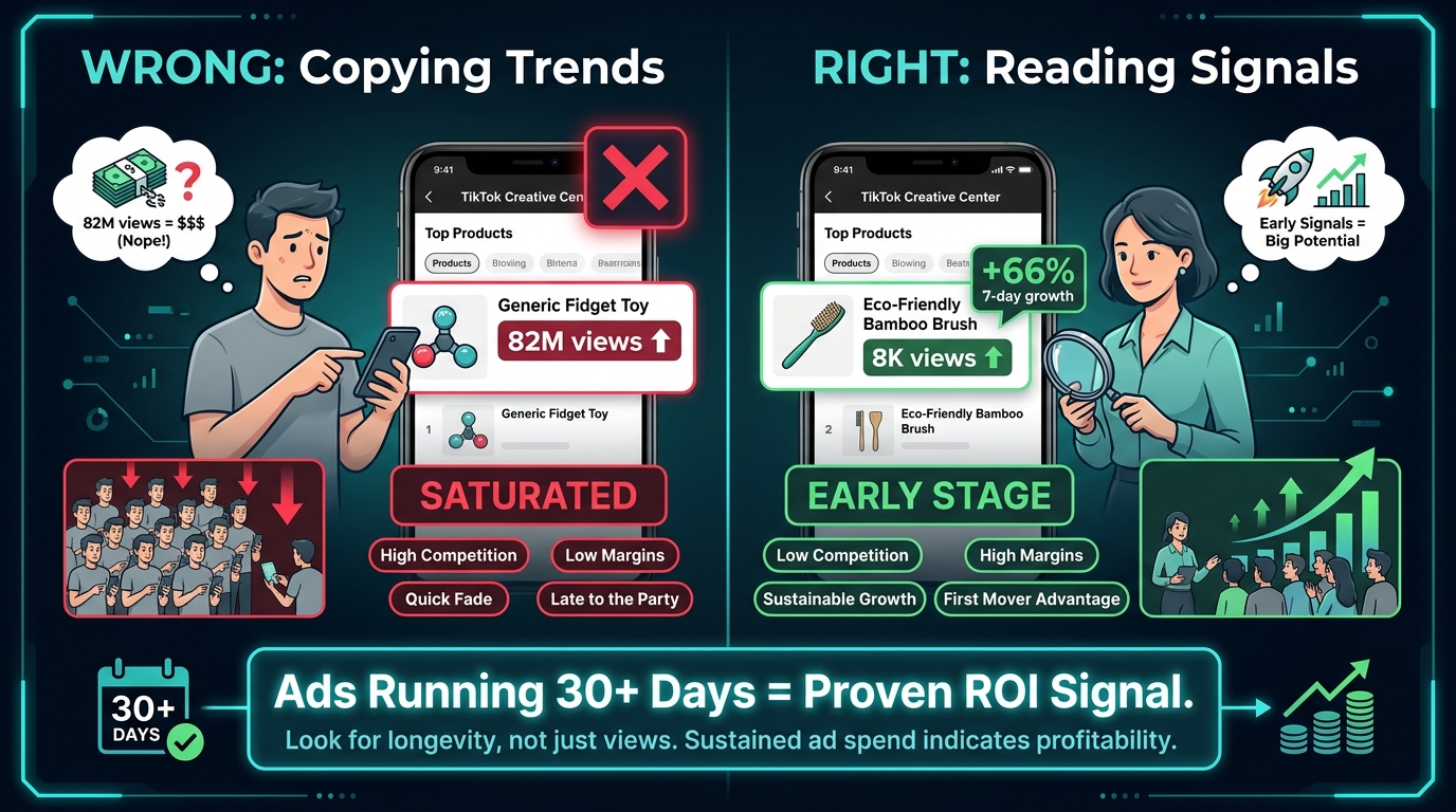 Split comparison showing wrong vs right approach to TikTok Creative Center Top Products tab analysis