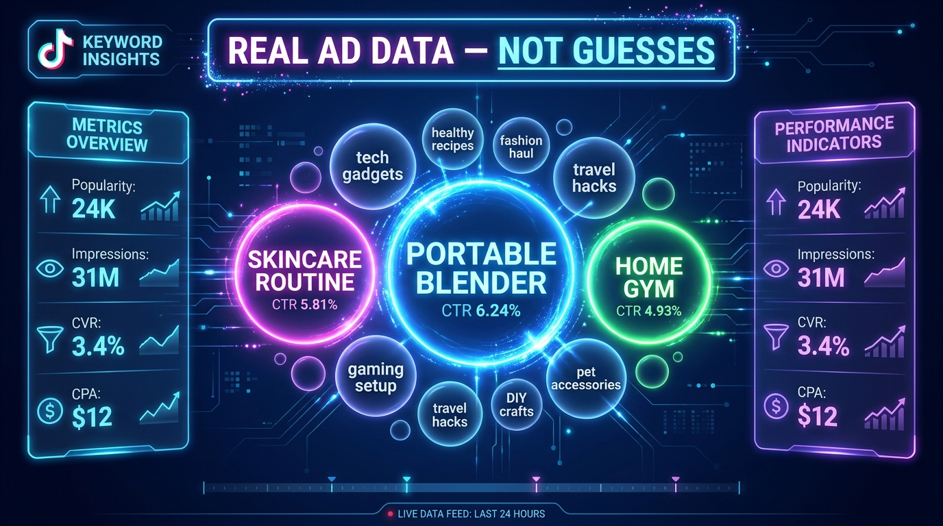 TikTok Creative Center Keyword Insights dashboard showing word cloud with CTR metrics for high-converting search terms