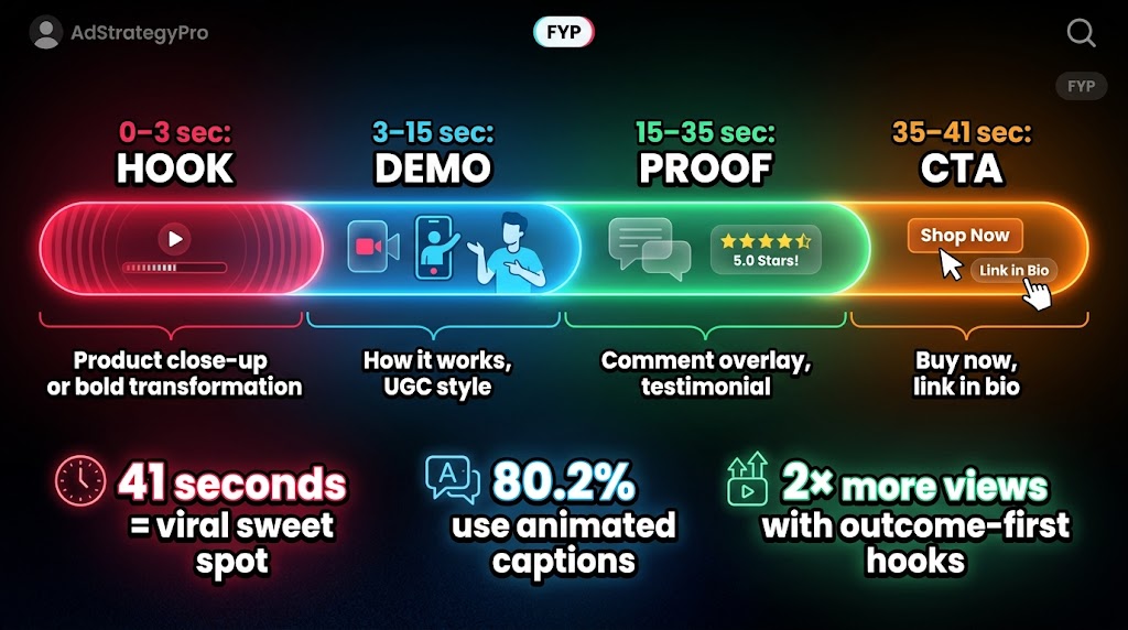 TikTok video anatomy timeline showing hook, demo, proof, and CTA zones with stat callouts including 41-second viral sweet spot