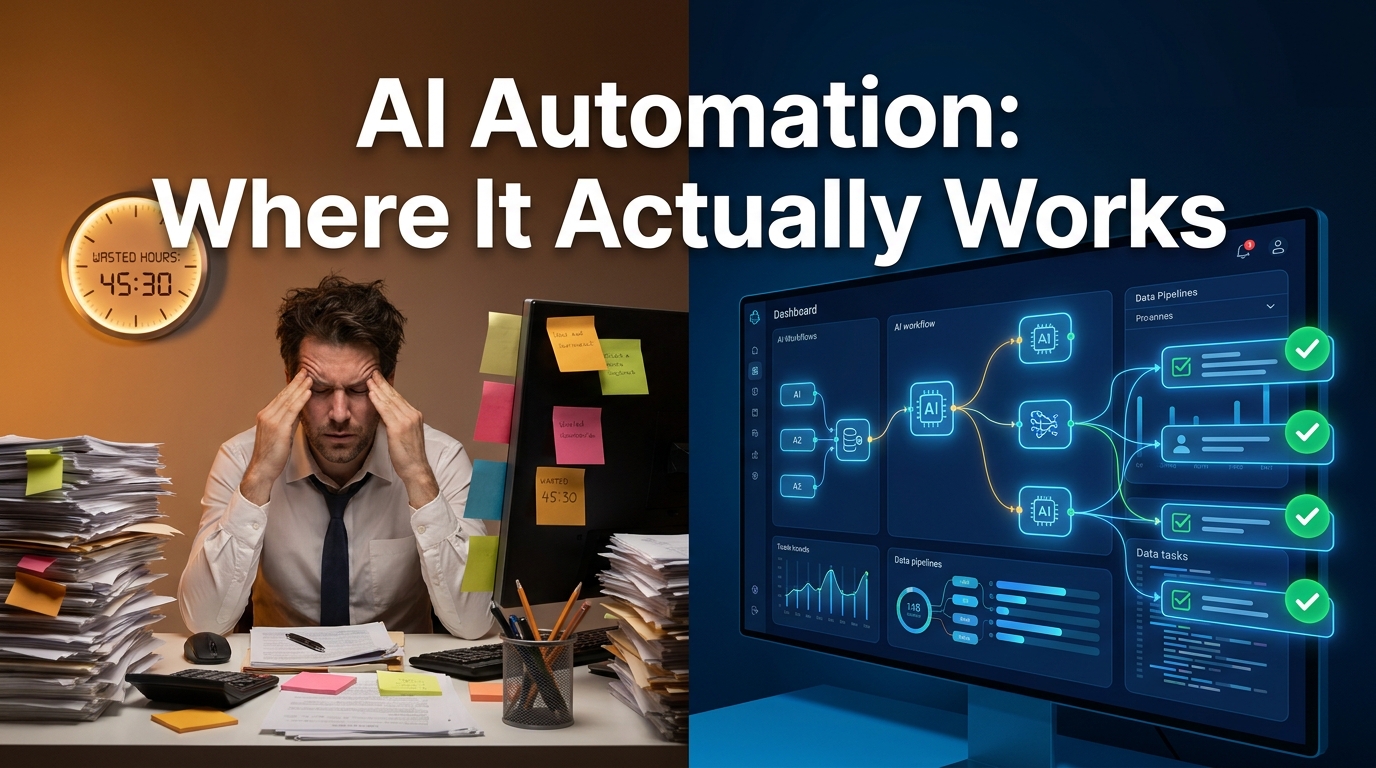 Split-screen showing manual office work on the left versus a smooth AI automation dashboard on the right — representing where AI automation actually works in business