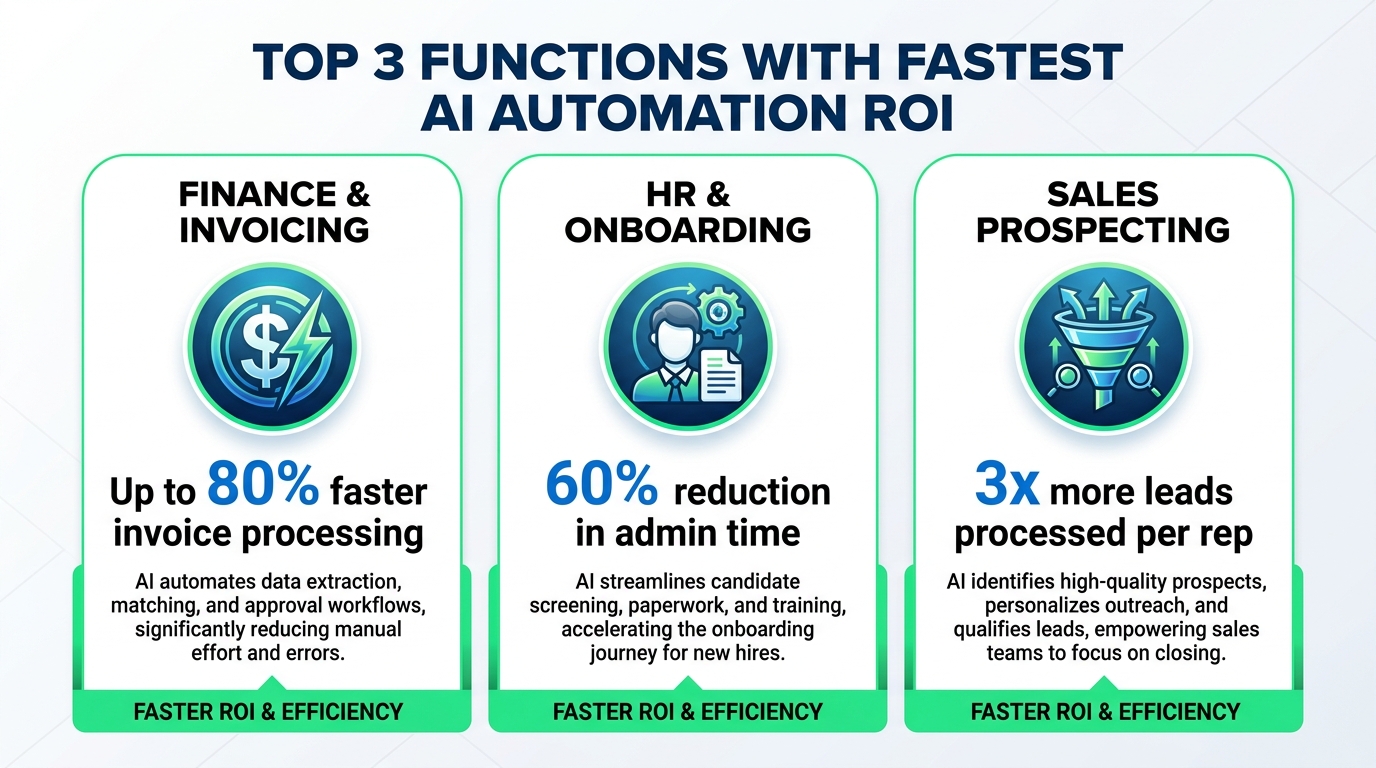 Infographic showing the three business functions with fastest AI automation ROI: Finance and Invoicing (80% faster), HR and Onboarding (60% less admin), and Sales Prospecting (3x more leads processed)