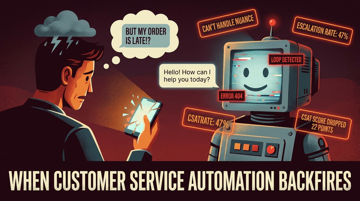 Illustration of a broken AI chatbot customer service scenario with a frustrated customer and a robot agent giving the wrong response, with error warnings showing escalation rate issues