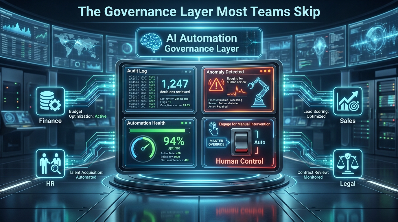 Futuristic AI automation governance dashboard showing audit logs, anomaly detection, automation health metrics, and a human control override switch across multiple business departments