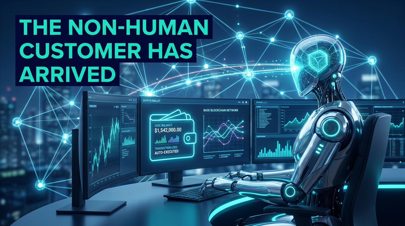 AI agent at a crypto trading terminal with USDC wallet and Base blockchain network — the non-human customer has arrived