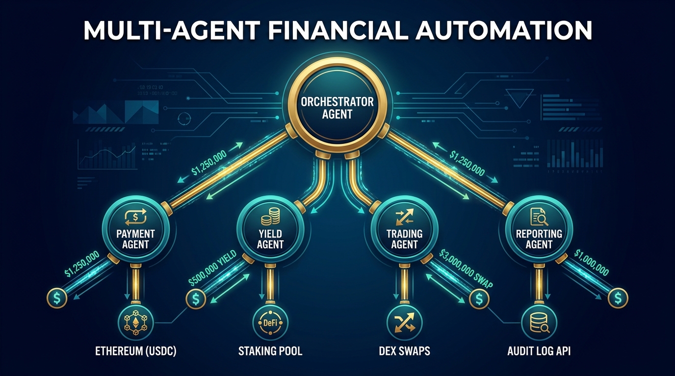Multi-agent financial automation system with orchestrator agent delegating to payment, yield, trading, and reporting sub-agents