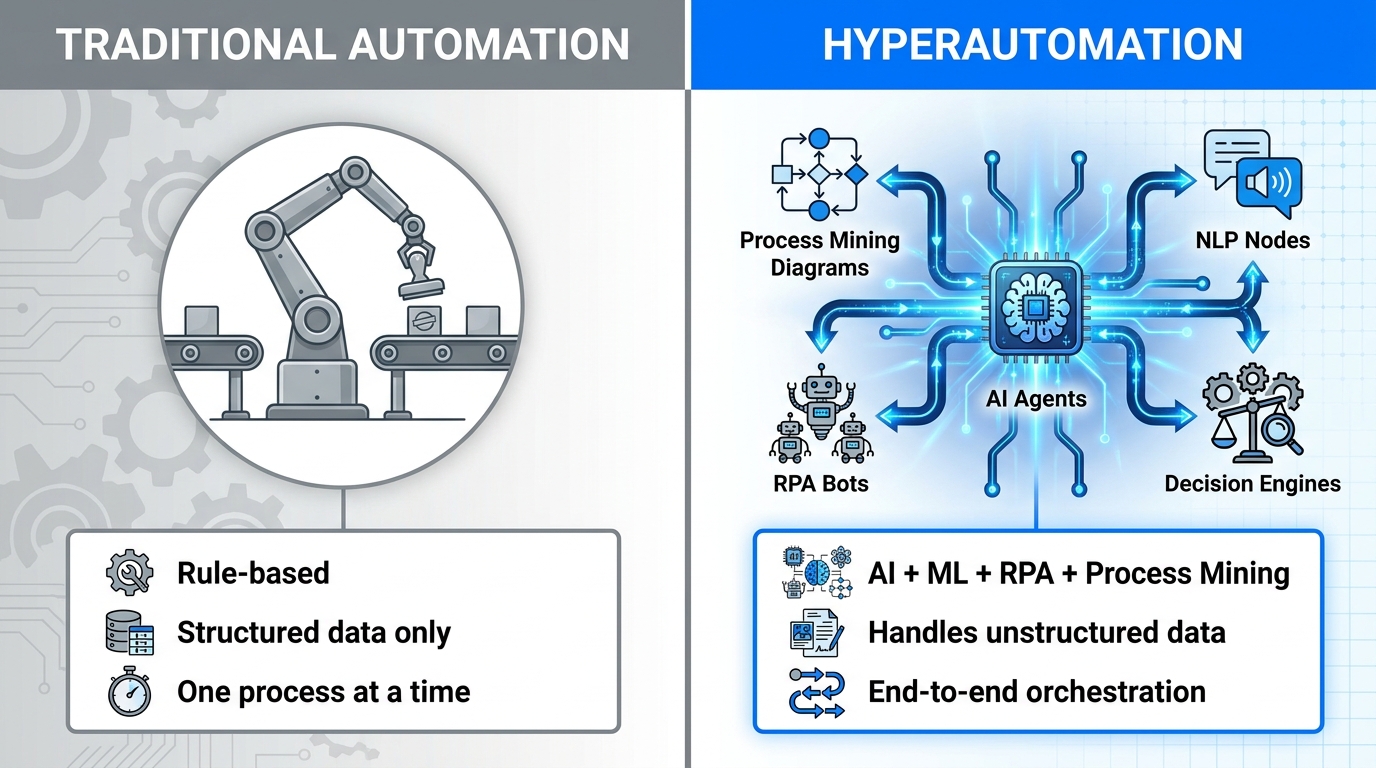 Split-screen comparison of Traditional Automation versus Hyperautomation: rule-based siloed bots on left, AI-driven interconnected orchestration network on right