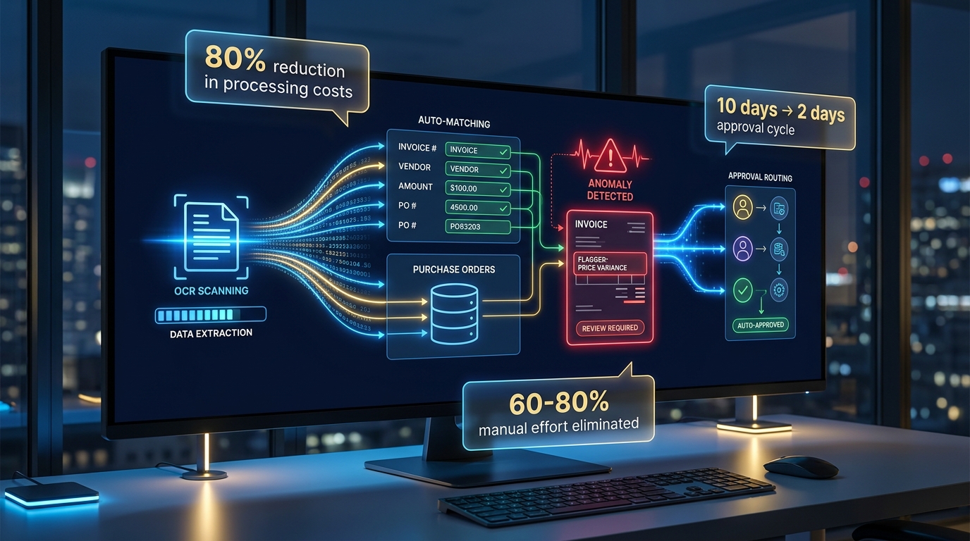 AI-powered finance operations dashboard showing automated invoice processing workflow with OCR extraction, PO matching, anomaly detection, and approval routing with stats: 80% cost reduction, 10 days to 2 days approval cycle
