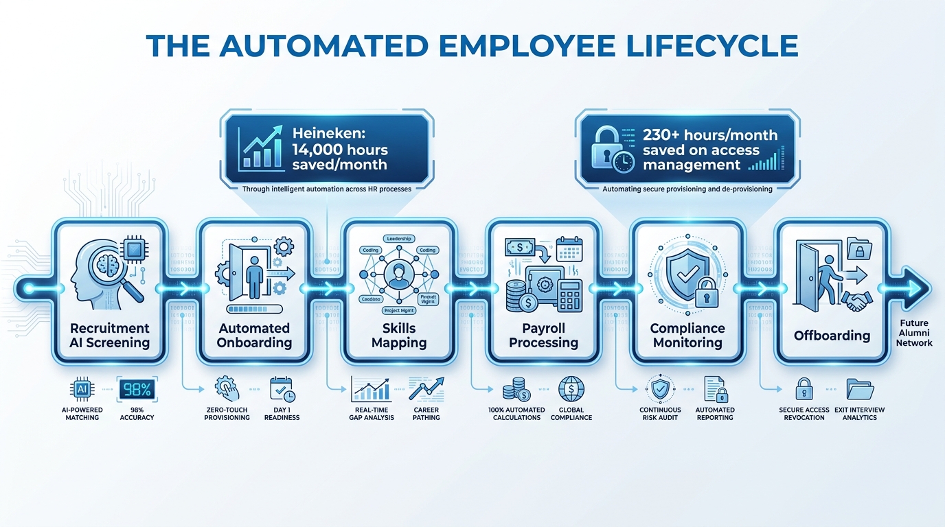 HR hyperautomation employee lifecycle pipeline: AI recruitment screening through onboarding, skills mapping, payroll, compliance monitoring, and offboarding — with Heineken 14,000 hours saved per month callout