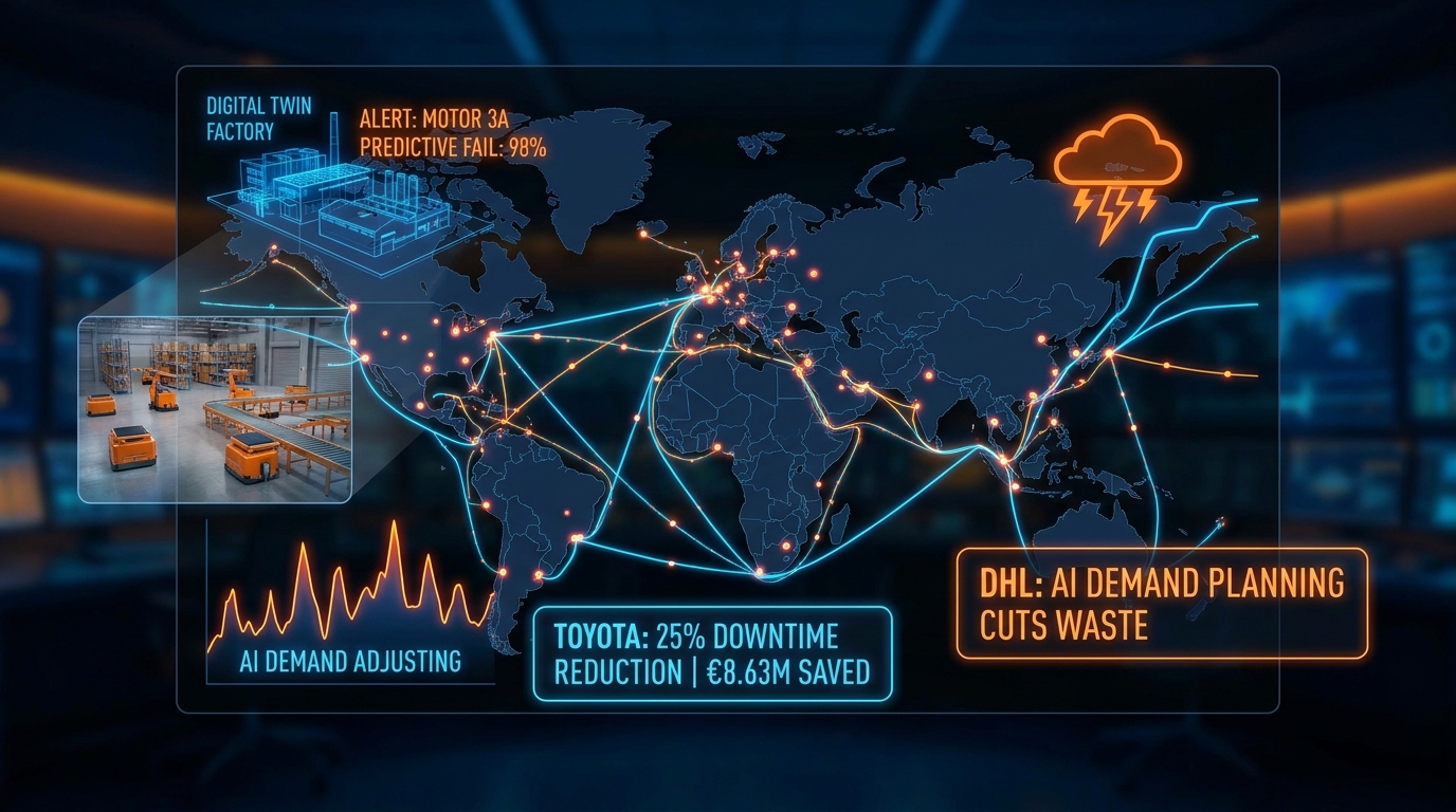 Supply chain hyperautomation visualization: global logistics map with IoT sensors, digital twin predictive maintenance, AI demand forecasting — Toyota 25% downtime reduction and €8.63M saved callouts
