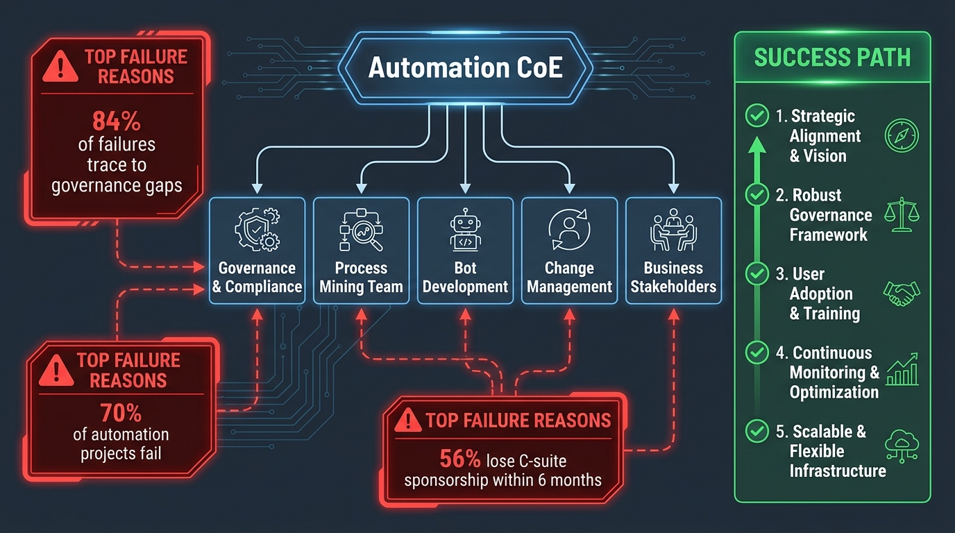 Hyperautomation Center of Excellence org chart showing governance structure — with failure statistics: 84% of failures trace to governance gaps, 56% lose C-suite sponsorship within 6 months, 70% of automation projects fail