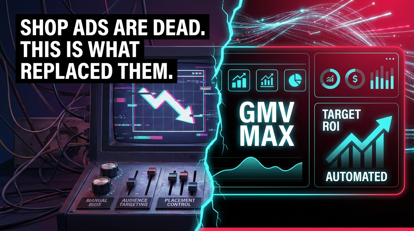 Split-screen comparison of TikTok Shop's old manual ad stack versus the new GMV Max automated system
