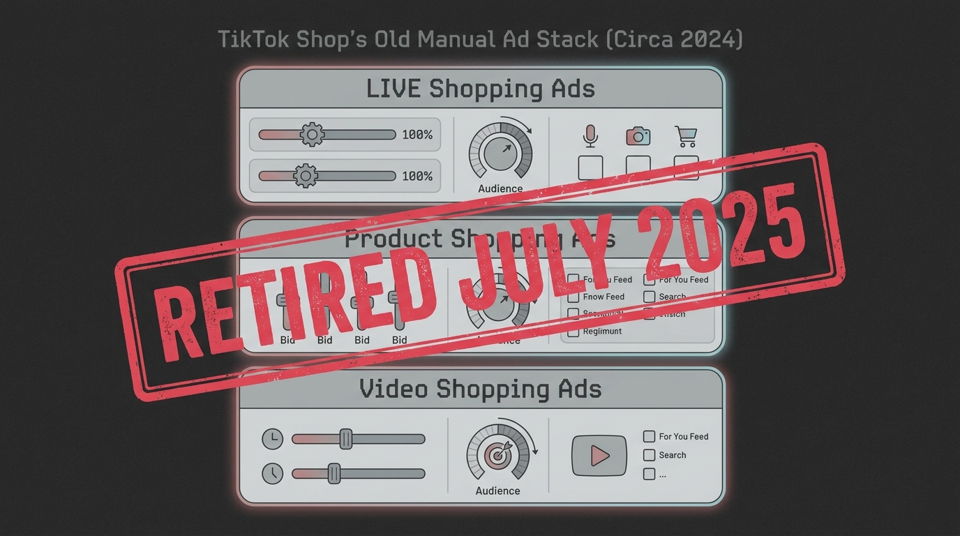 Infographic showing TikTok Shop's retired manual ad formats including LIVE Shopping Ads, Product Shopping Ads, and Video Shopping Ads stamped RETIRED JULY 2025