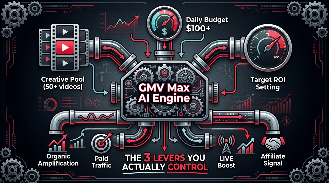 Engine diagram showing the three inputs to GMV Max — creative pool, budget, and target ROI — and the automated outputs including organic amplification, paid traffic, LIVE boost, and affiliate signals