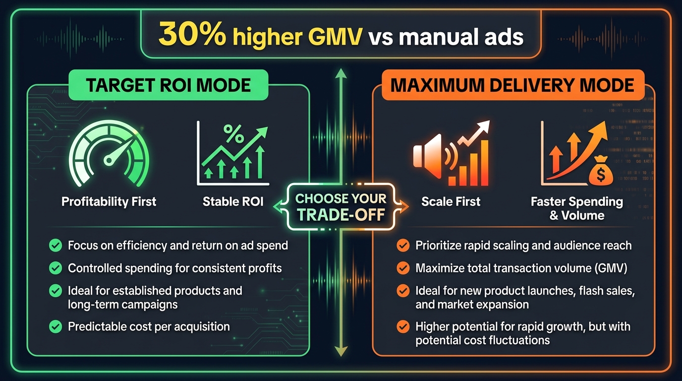 Side-by-side comparison of Target ROI Mode versus Maximum Delivery Mode in TikTok GMV Max, showing the trade-off between profitability and scale
