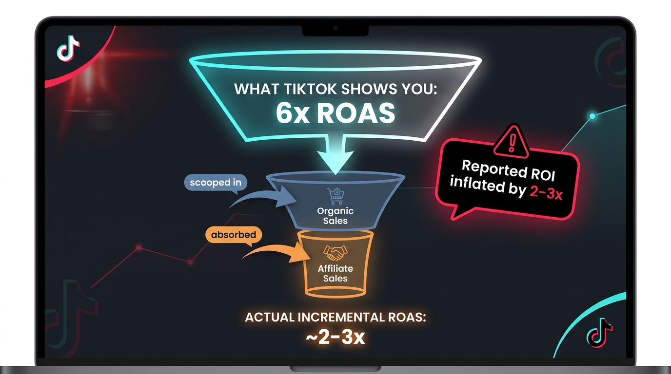 Funnel diagram showing how GMV Max inflates reported ROAS by absorbing organic and affiliate sales, with actual incremental ROAS 2-3x lower than reported