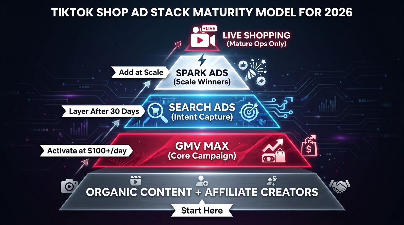 Pyramid diagram showing TikTok Shop ad stack maturity model with organic content at the base, GMV Max in the middle, and Search Ads and Spark Ads at the top for mature operations