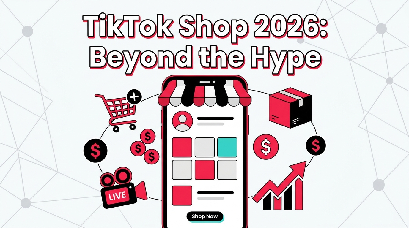 TikTok Shop 2026: Beyond the Hype — a smartphone showing a TikTok Shop storefront surrounded by revenue and commerce icons