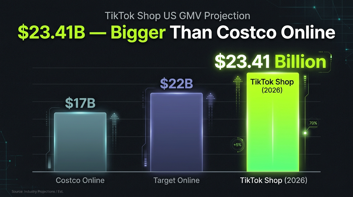 Bar chart showing TikTok Shop's projected $23.41B US GMV in 2026 compared to major retailers