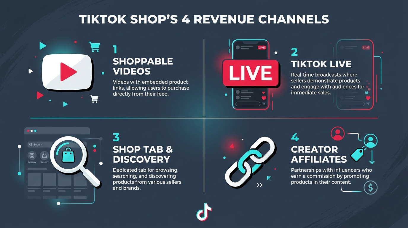 TikTok Shop's four revenue channels: Shoppable Videos, TikTok Live, Shop Tab Discovery, and Creator Affiliates