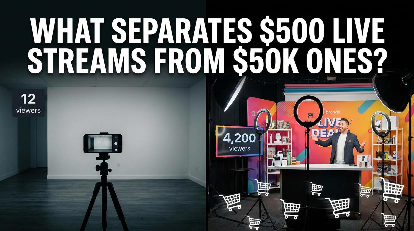 Split-screen comparison of an empty TikTok live stream with 12 viewers versus a high-energy live commerce session with 4,200 viewers