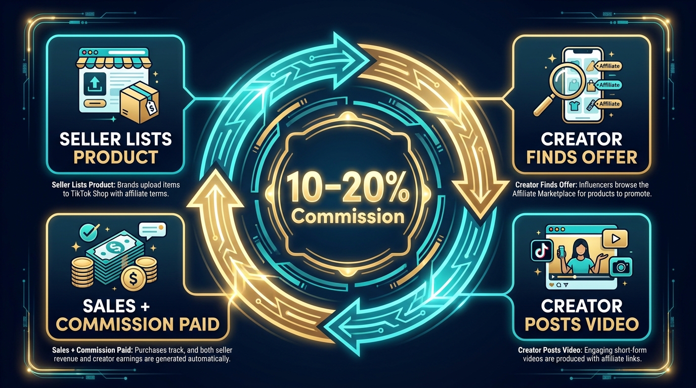 Circular diagram of the TikTok Shop affiliate flywheel: Seller lists product, Creator finds offer, Creator posts video, Sales and commission paid, Seller scales inventory