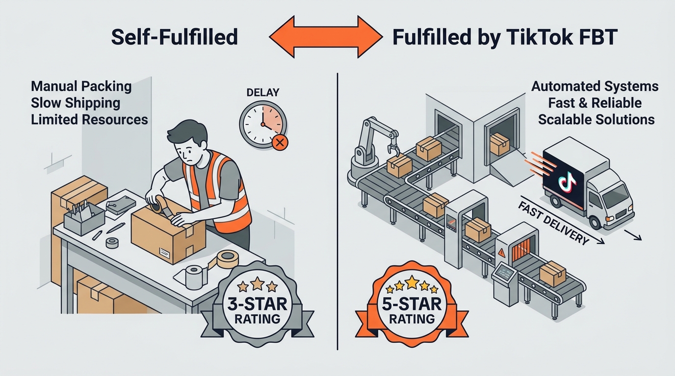 Comparison diagram of self-fulfilled versus Fulfilled by TikTok showing the impact on delivery speed and seller star ratings