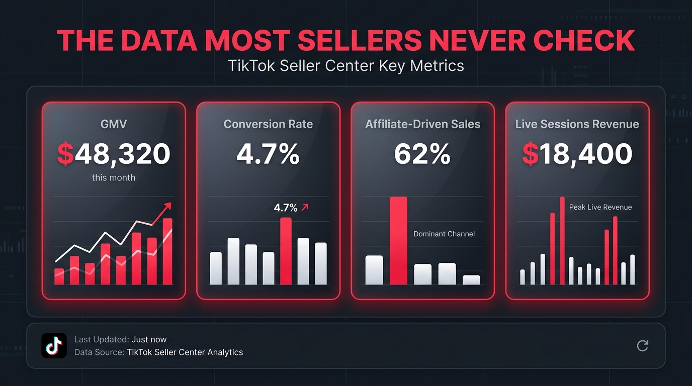 TikTok Seller Center analytics dashboard showing GMV, conversion rate, affiliate-driven sales percentage, and live session revenue