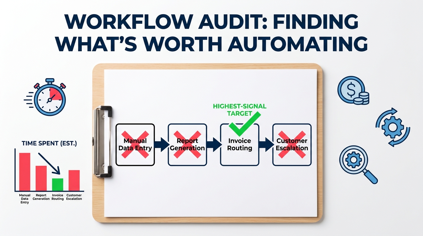 Workflow audit infographic showing process mapping with highest-signal automation targets identified