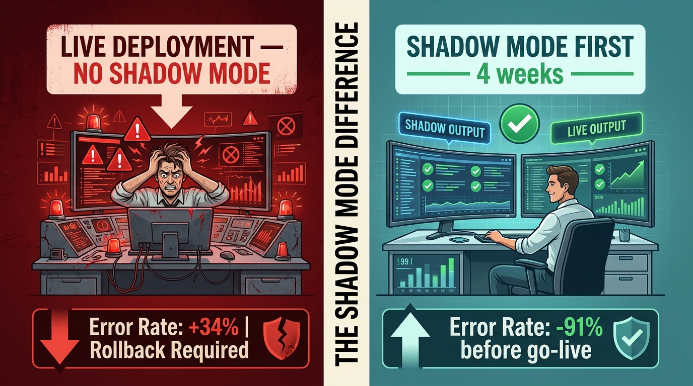 Split-screen comparison showing AI automation deployed with vs without shadow mode, showing significant error rate differences