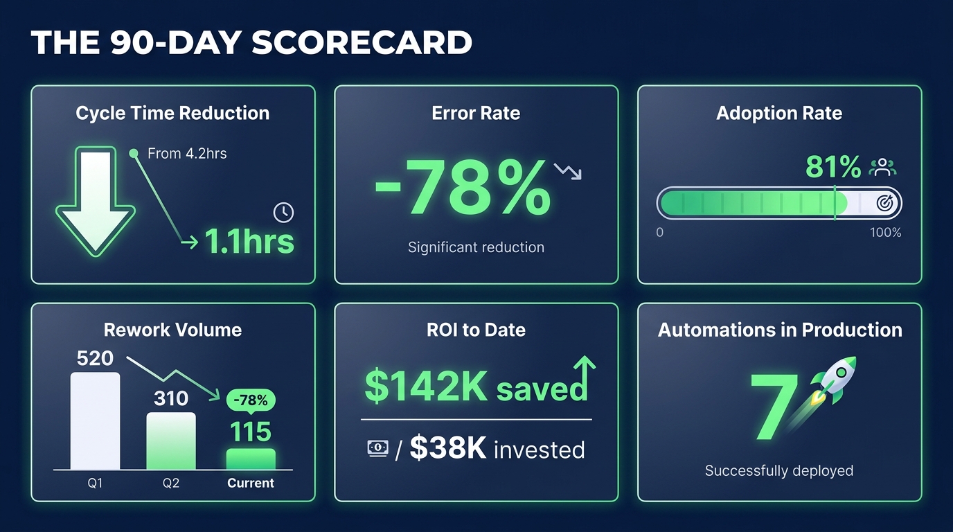 90-day AI automation scorecard dashboard showing cycle time, error rate, adoption rate, rework volume, ROI, and production count